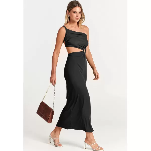 Caracilia Women's Summer Sexy One Shoulder Sleeveless Cut Out Backless Bodycon Ruched Side Slit Formal Party Maxi Dresses