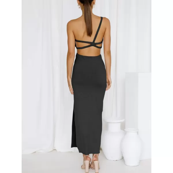 Caracilia Women's Summer Sexy One Shoulder Sleeveless Cut Out Backless Bodycon Ruched Side Slit Formal Party Maxi Dresses