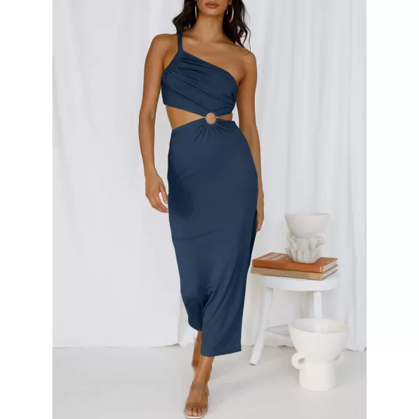Caracilia Women's Summer Sexy One Shoulder Sleeveless Cut Out Backless Bodycon Ruched Side Slit Formal Party Maxi Dresses