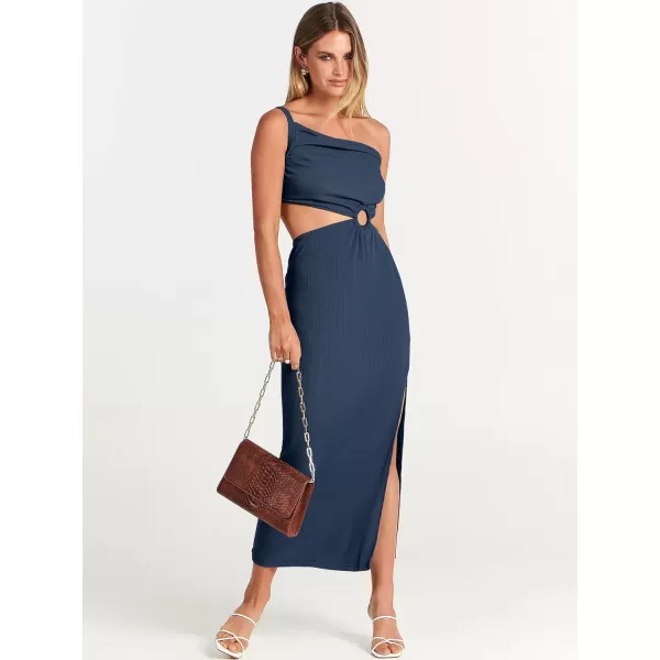 Caracilia Women's Summer Sexy One Shoulder Sleeveless Cut Out Backless Bodycon Ruched Side Slit Formal Party Maxi Dresses