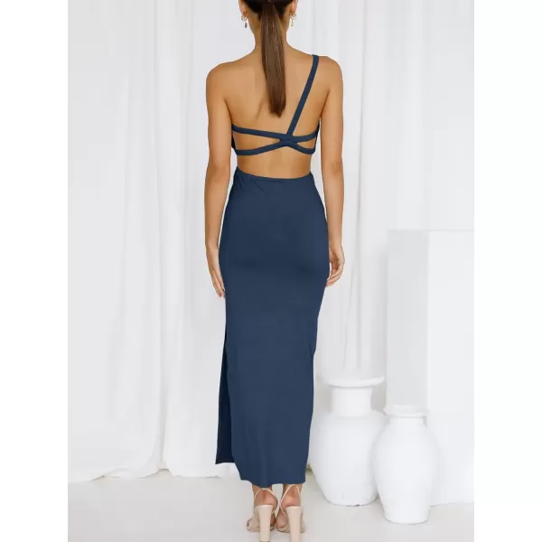 Caracilia Women's Summer Sexy One Shoulder Sleeveless Cut Out Backless Bodycon Ruched Side Slit Formal Party Maxi Dresses