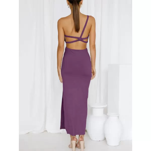 Caracilia Women's Summer Sexy One Shoulder Sleeveless Cut Out Backless Bodycon Ruched Side Slit Formal Party Maxi Dresses