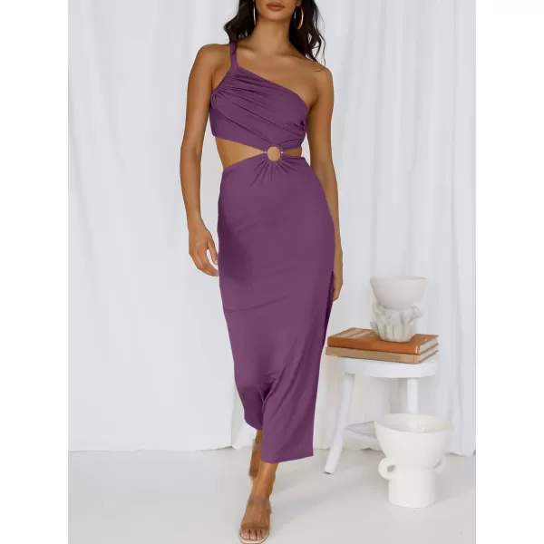 Caracilia Women's Summer Sexy One Shoulder Sleeveless Cut Out Backless Bodycon Ruched Side Slit Formal Party Maxi Dresses