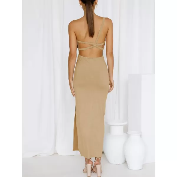 Caracilia Women's Summer Sexy One Shoulder Sleeveless Cut Out Backless Bodycon Ruched Side Slit Formal Party Maxi Dresses