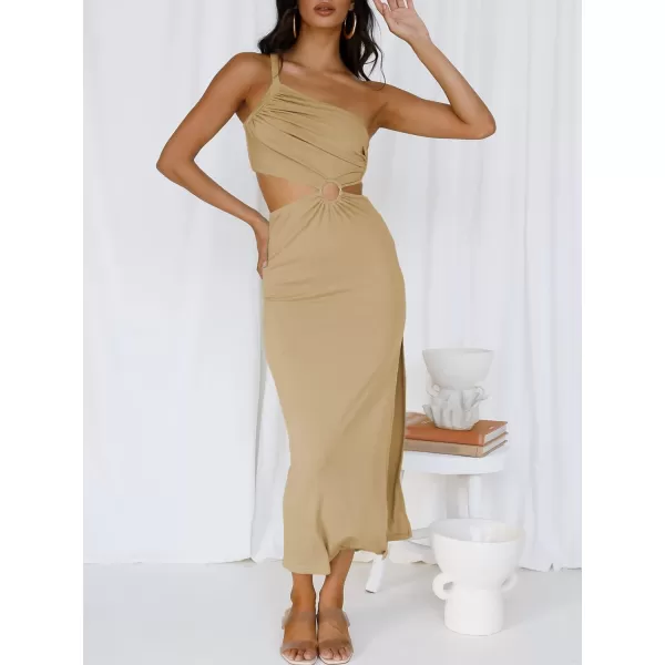 Caracilia Women's Summer Sexy One Shoulder Sleeveless Cut Out Backless Bodycon Ruched Side Slit Formal Party Maxi Dresses
