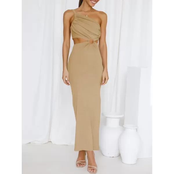 Caracilia Women's Summer Sexy One Shoulder Sleeveless Cut Out Backless Bodycon Ruched Side Slit Formal Party Maxi Dresses