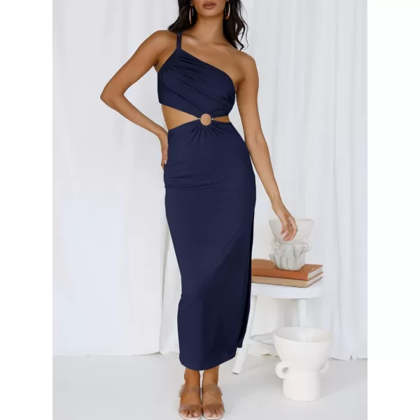 Caracilia Women's Summer Sexy One Shoulder Sleeveless Cut Out Backless Bodycon Ruched Side Slit Formal Party Maxi Dresses