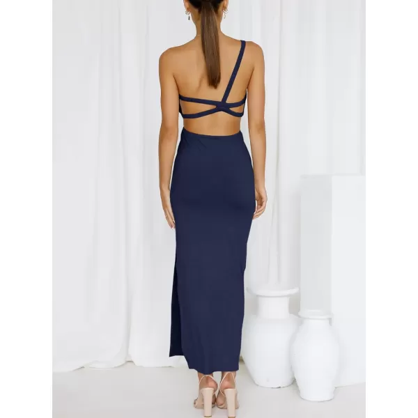 Caracilia Women's Summer Sexy One Shoulder Sleeveless Cut Out Backless Bodycon Ruched Side Slit Formal Party Maxi Dresses