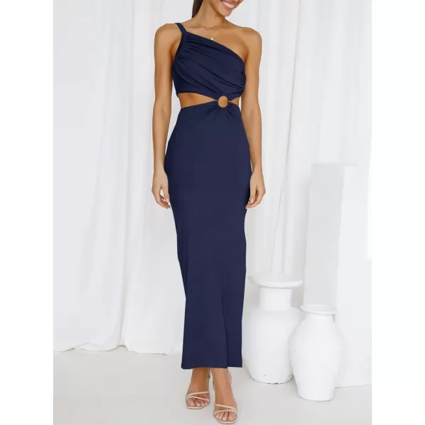 Caracilia Women's Summer Sexy One Shoulder Sleeveless Cut Out Backless Bodycon Ruched Side Slit Formal Party Maxi Dresses