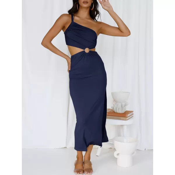 Caracilia Women's Summer Sexy One Shoulder Sleeveless Cut Out Backless Bodycon Ruched Side Slit Formal Party Maxi Dresses
