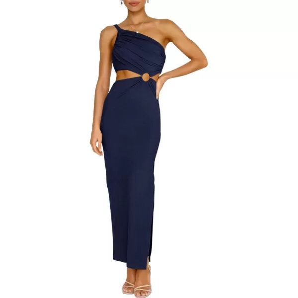 Caracilia Women's Summer Sexy One Shoulder Sleeveless Cut Out Backless Bodycon Ruched Side Slit Formal Party Maxi Dresses