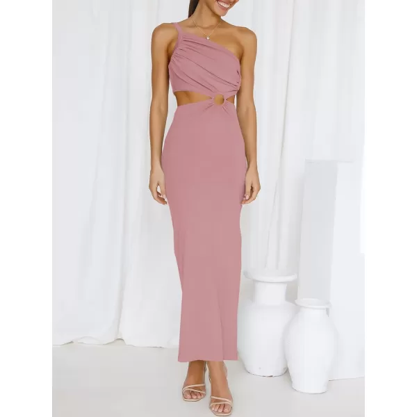 Caracilia Women's Summer Sexy One Shoulder Sleeveless Cut Out Backless Bodycon Ruched Side Slit Formal Party Maxi Dresses