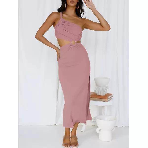 Caracilia Women's Summer Sexy One Shoulder Sleeveless Cut Out Backless Bodycon Ruched Side Slit Formal Party Maxi Dresses