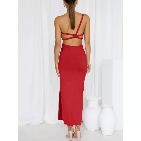 Caracilia Women's Summer Sexy One Shoulder Sleeveless Cut Out Backless Bodycon Ruched Side Slit Formal Party Maxi Dresses