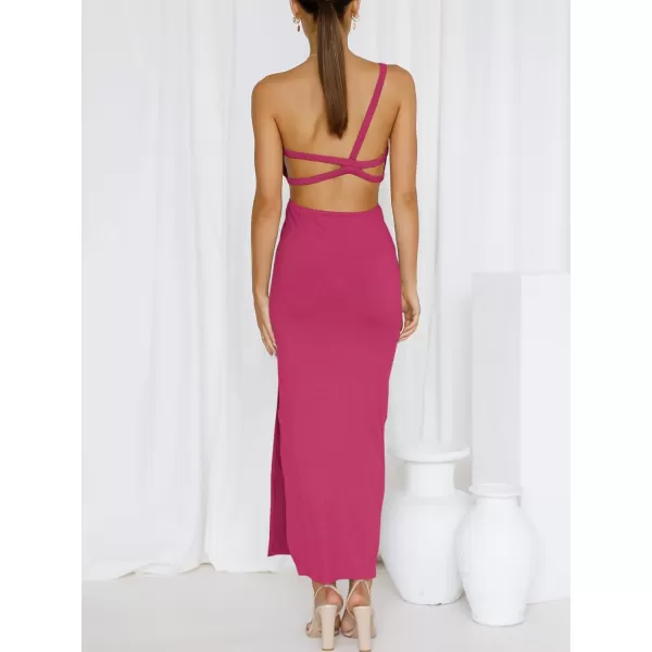 Caracilia Women's Summer Sexy One Shoulder Sleeveless Cut Out Backless Bodycon Ruched Side Slit Formal Party Maxi Dresses