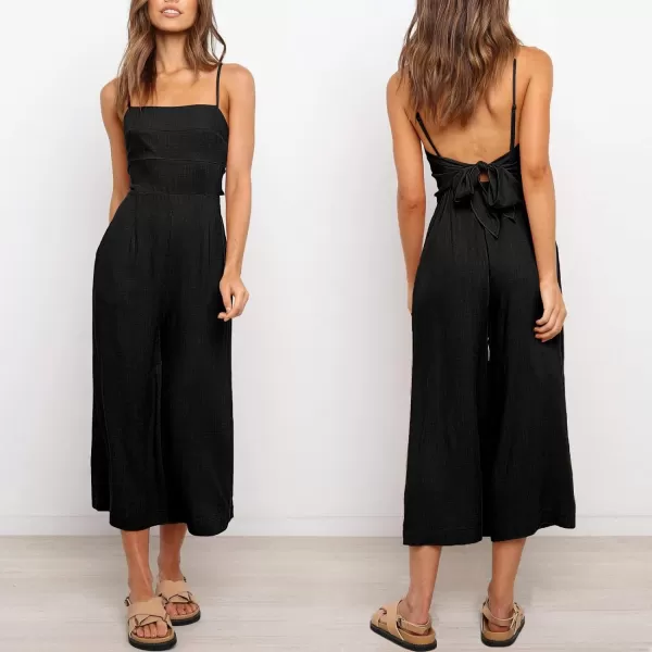 Caracilia Women's Summer Straps Tie Back Jumpsuit Dressy Casual High Waist Wide Leg Romper with Pockets