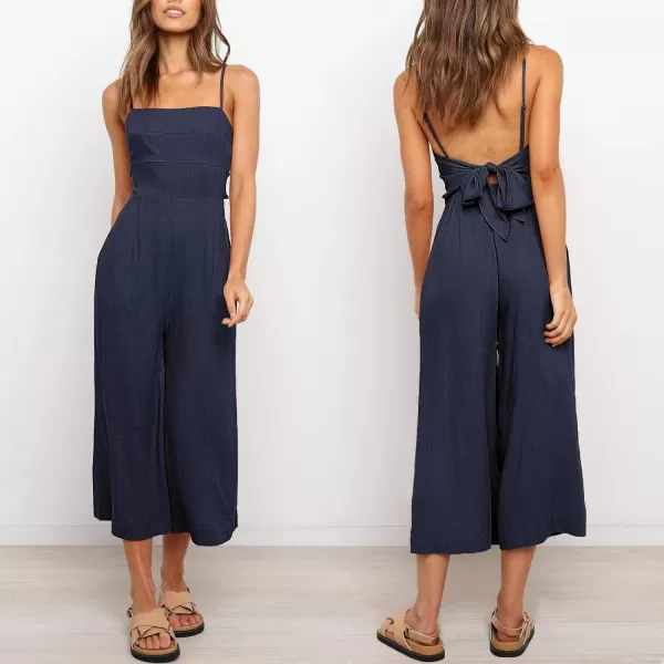 Caracilia Women's Summer Straps Tie Back Jumpsuit Dressy Casual High Waist Wide Leg Romper with Pockets
