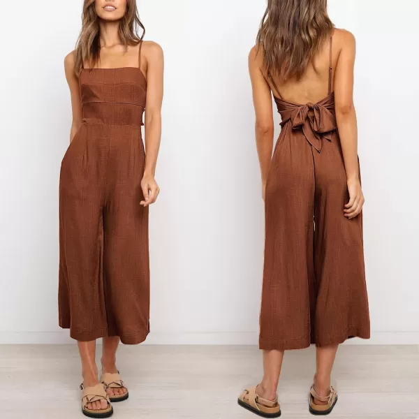 Caracilia Women's Summer Straps Tie Back Jumpsuit Dressy Casual High Waist Wide Leg Romper with Pockets
