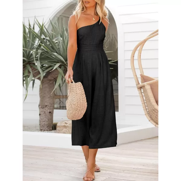 Caracilia Women's Summer Wide Leg Dressy One Shoulder Straps Pleated High Waist Jumpsuit Romper with Pockets