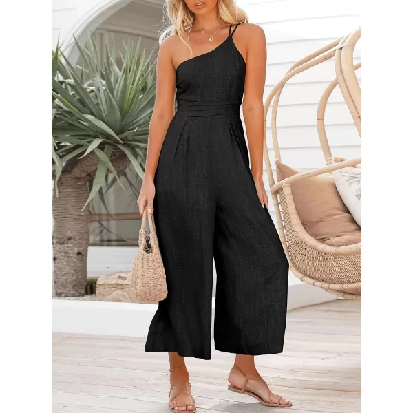 Caracilia Women's Summer Wide Leg Dressy One Shoulder Straps Pleated High Waist Jumpsuit Romper with Pockets