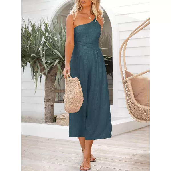 Caracilia Women's Summer Wide Leg Dressy One Shoulder Straps Pleated High Waist Jumpsuit Romper with Pockets