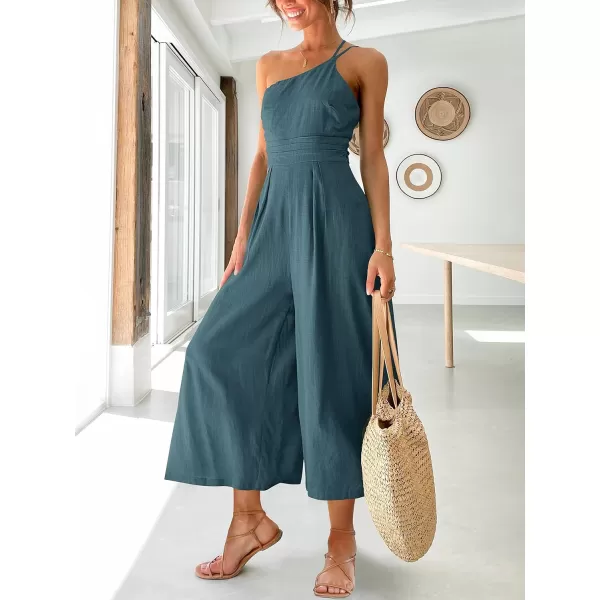 Caracilia Women's Summer Wide Leg Dressy One Shoulder Straps Pleated High Waist Jumpsuit Romper with Pockets