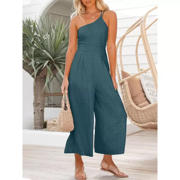Caracilia Women's Summer Wide Leg Dressy One Shoulder Straps Pleated High Waist Jumpsuit Romper with Pockets