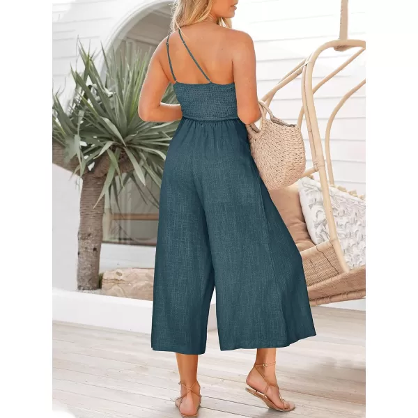 Caracilia Women's Summer Wide Leg Dressy One Shoulder Straps Pleated High Waist Jumpsuit Romper with Pockets