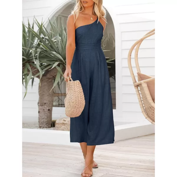 Caracilia Women's Summer Wide Leg Dressy One Shoulder Straps Pleated High Waist Jumpsuit Romper with Pockets