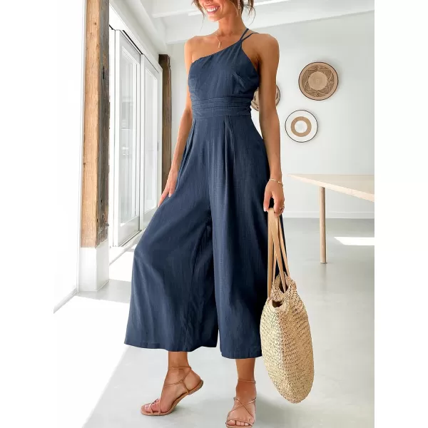 Caracilia Women's Summer Wide Leg Dressy One Shoulder Straps Pleated High Waist Jumpsuit Romper with Pockets