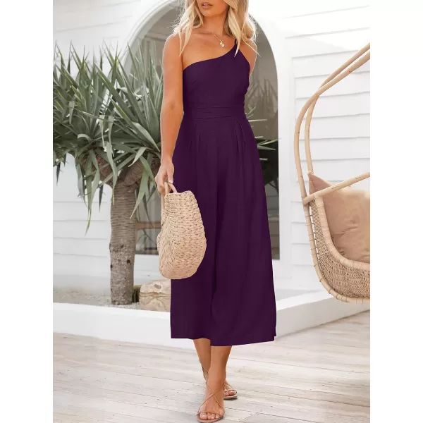 Caracilia Women's Summer Wide Leg Dressy One Shoulder Straps Pleated High Waist Jumpsuit Romper with Pockets