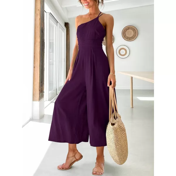 Caracilia Women's Summer Wide Leg Dressy One Shoulder Straps Pleated High Waist Jumpsuit Romper with Pockets