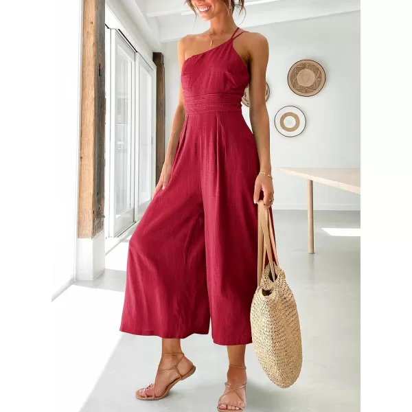 Caracilia Women's Summer Wide Leg Dressy One Shoulder Straps Pleated High Waist Jumpsuit Romper with Pockets
