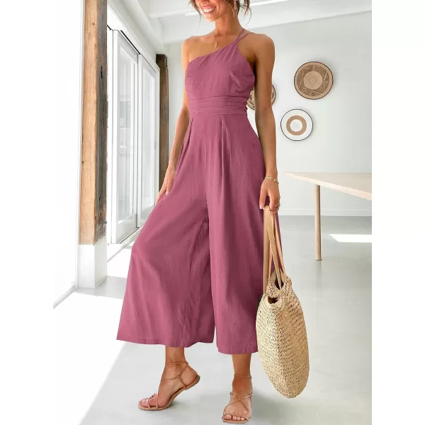 Caracilia Women's Summer Wide Leg Dressy One Shoulder Straps Pleated High Waist Jumpsuit Romper with Pockets