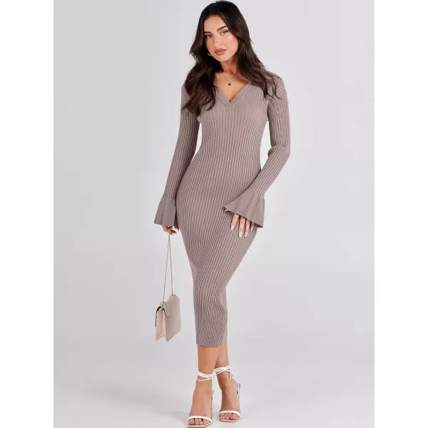 Caracilia Women's Sweater Dress 2023 Fall Long Sleeve V Neck Slim Fit Elegant Ribbed Knit Bodycon Midi Dress