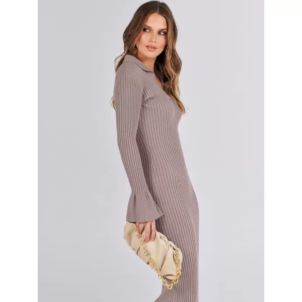Caracilia Women's Sweater Dress 2023 Fall Long Sleeve V Neck Slim Fit Elegant Ribbed Knit Bodycon Midi Dress