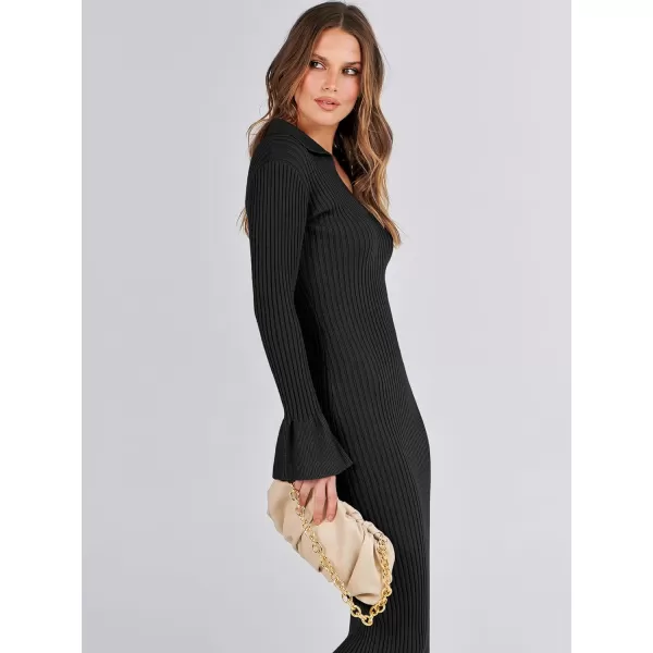 Caracilia Women's Sweater Dress 2023 Fall Long Sleeve V Neck Slim Fit Elegant Ribbed Knit Bodycon Midi Dress