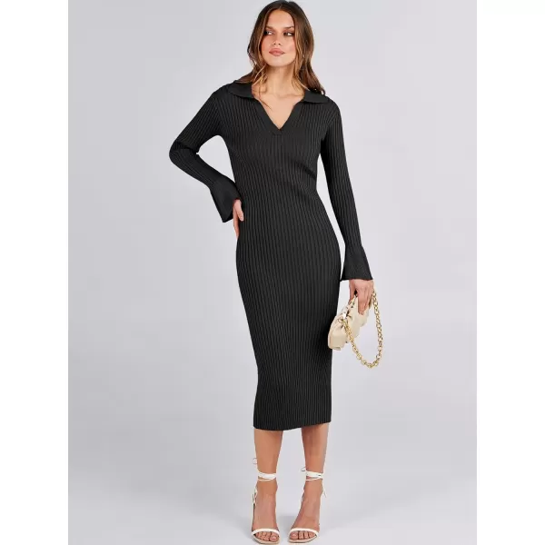 Caracilia Women's Sweater Dress 2023 Fall Long Sleeve V Neck Slim Fit Elegant Ribbed Knit Bodycon Midi Dress