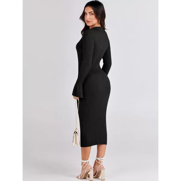Caracilia Women's Sweater Dress 2023 Fall Long Sleeve V Neck Slim Fit Elegant Ribbed Knit Bodycon Midi Dress
