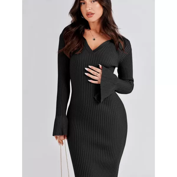 Caracilia Women's Sweater Dress 2023 Fall Long Sleeve V Neck Slim Fit Elegant Ribbed Knit Bodycon Midi Dress