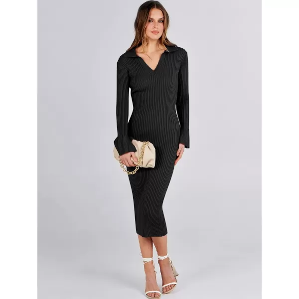 Caracilia Women's Sweater Dress 2023 Fall Long Sleeve V Neck Slim Fit Elegant Ribbed Knit Bodycon Midi Dress
