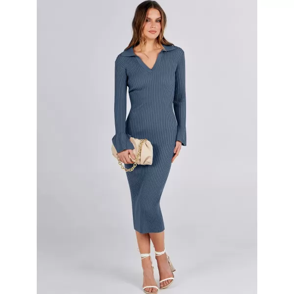 Caracilia Women's Sweater Dress 2023 Fall Long Sleeve V Neck Slim Fit Elegant Ribbed Knit Bodycon Midi Dress
