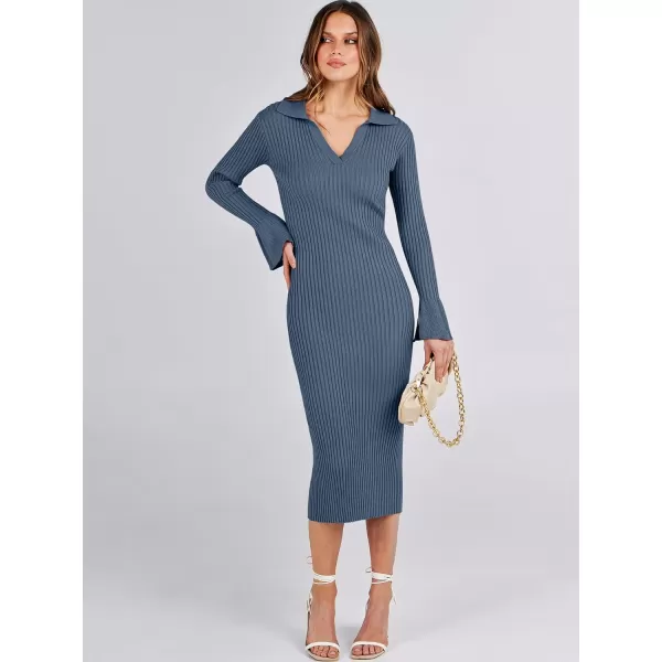 Caracilia Women's Sweater Dress 2023 Fall Long Sleeve V Neck Slim Fit Elegant Ribbed Knit Bodycon Midi Dress