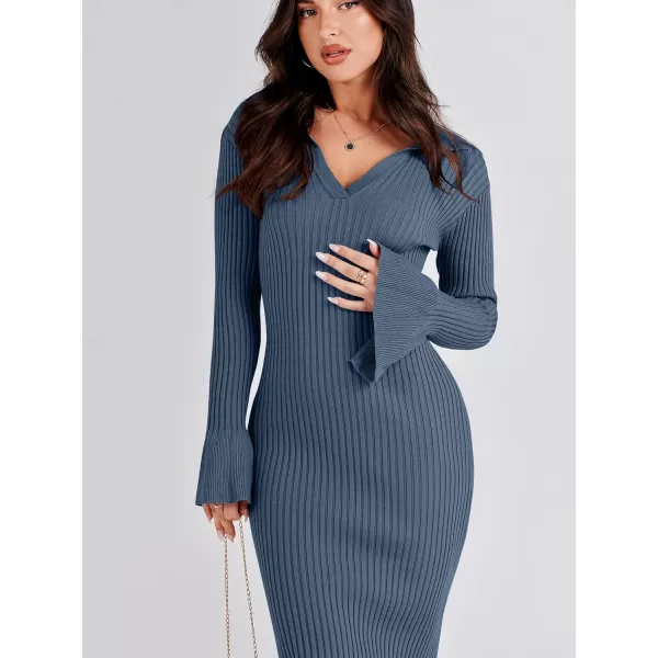 Caracilia Women's Sweater Dress 2023 Fall Long Sleeve V Neck Slim Fit Elegant Ribbed Knit Bodycon Midi Dress
