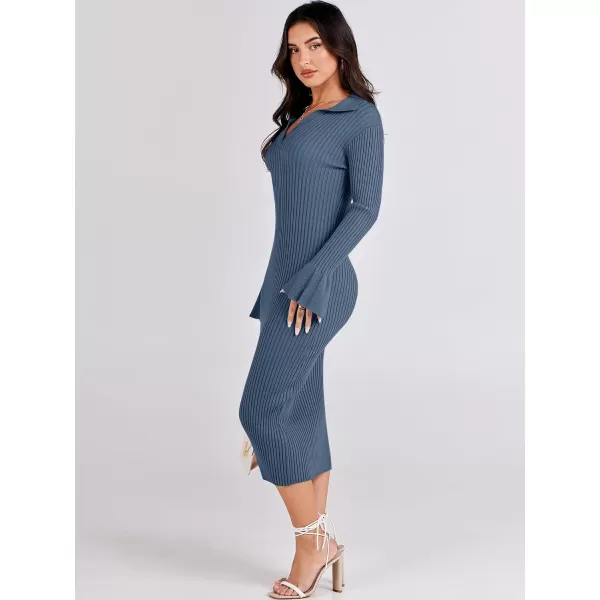 Caracilia Women's Sweater Dress 2023 Fall Long Sleeve V Neck Slim Fit Elegant Ribbed Knit Bodycon Midi Dress