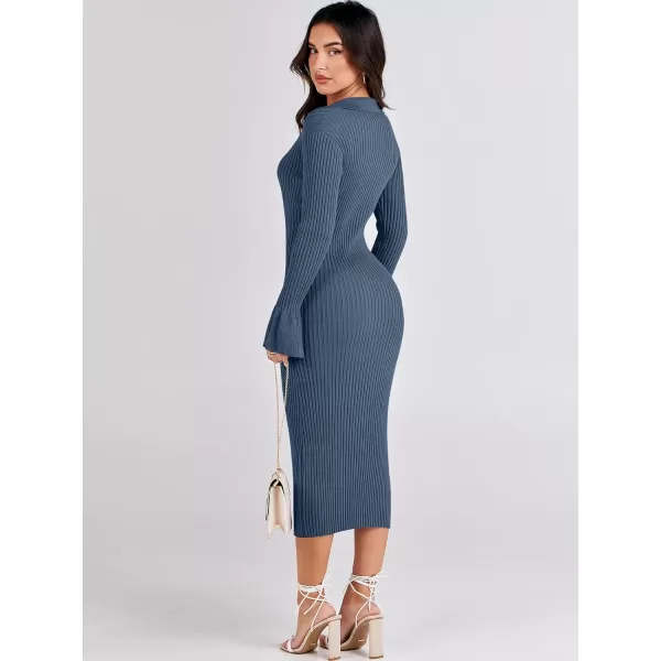Caracilia Women's Sweater Dress 2023 Fall Long Sleeve V Neck Slim Fit Elegant Ribbed Knit Bodycon Midi Dress