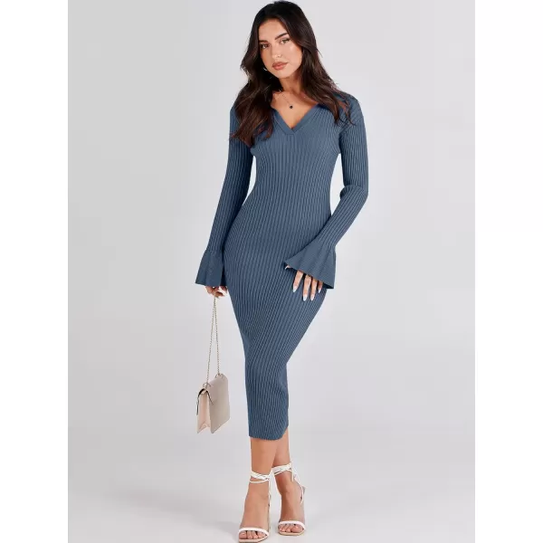Caracilia Women's Sweater Dress 2023 Fall Long Sleeve V Neck Slim Fit Elegant Ribbed Knit Bodycon Midi Dress