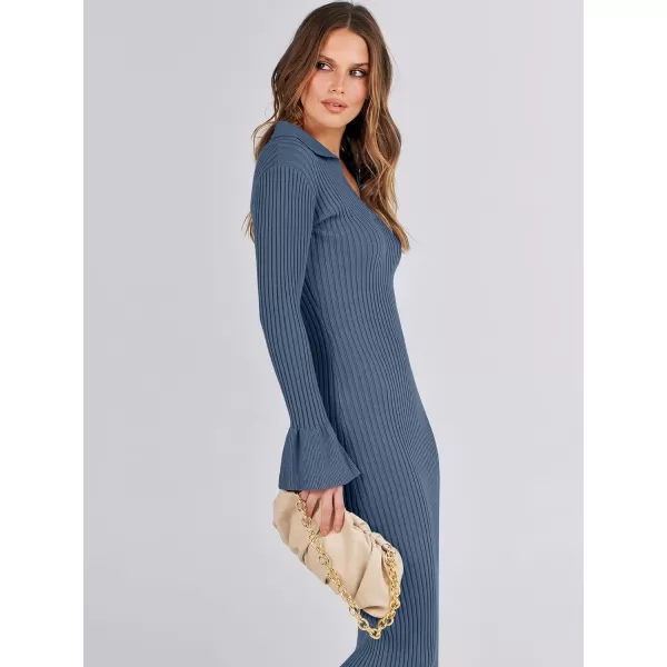 Caracilia Women's Sweater Dress 2023 Fall Long Sleeve V Neck Slim Fit Elegant Ribbed Knit Bodycon Midi Dress