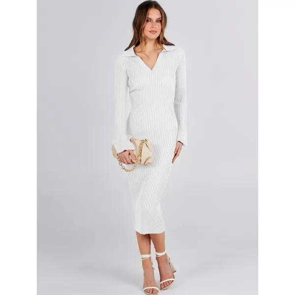 Caracilia Women's Sweater Dress 2023 Fall Long Sleeve V Neck Slim Fit Elegant Ribbed Knit Bodycon Midi Dress