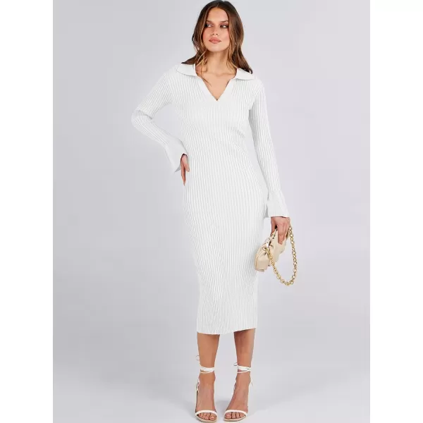 Caracilia Women's Sweater Dress 2023 Fall Long Sleeve V Neck Slim Fit Elegant Ribbed Knit Bodycon Midi Dress